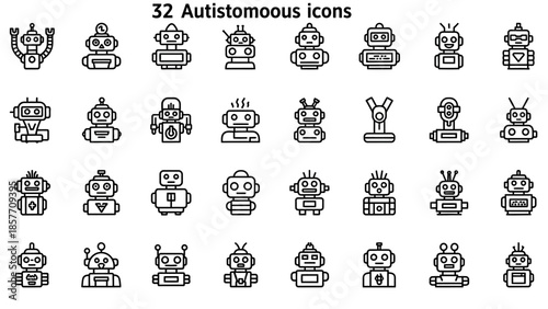 Set of Autonomous Robot Icons Representing Artificial Intelligence and Technology.