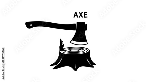 An axe resting on a tree stump, illustrating the concept of chopping wood. This simple yet impactful image depicts the essential tool and its purpose