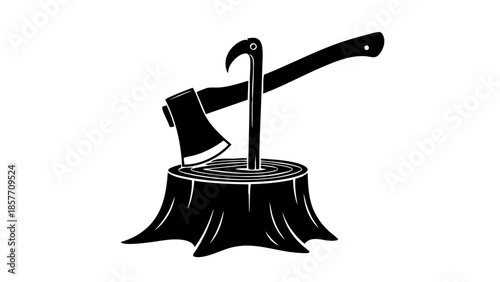Axe and hook placed in a tree stump. The image portrays a symbol of logging and woodcutting
