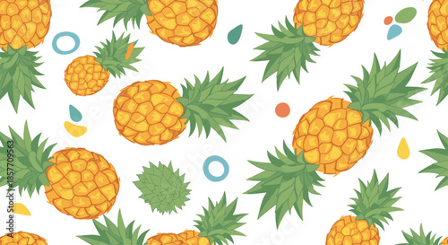 A fresh and tropical seamless pattern background featuring cartoon pineapples and colorful abstract shapes for a fun summer design vibe.