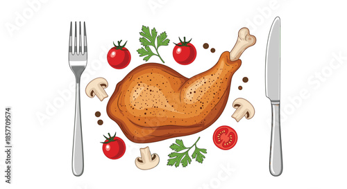 A delicious roasted chicken leg served with fresh cherry tomatoes, mushrooms, and parsley, presented with a fork and knife on the side.