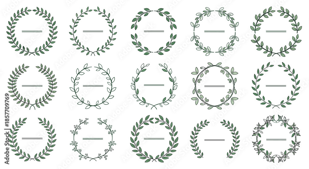 Fototapeta premium A large and versatile set of fifteen different green laurel wreaths in various hand-drawn and sketch styles for awards and logos.