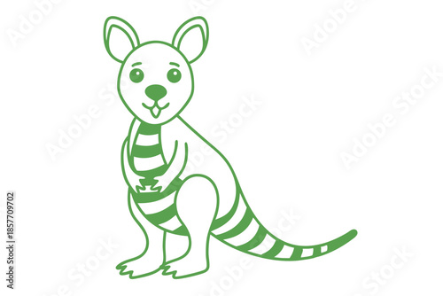 Cute green kangaroo illustration sits upright with a striped belly and tail design