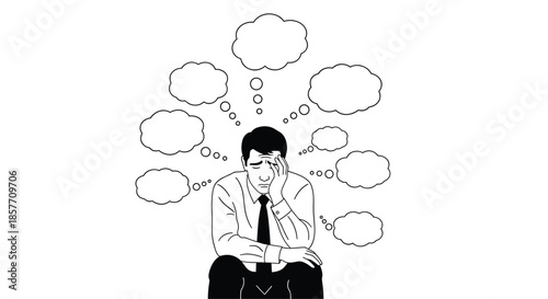 A stressed businessman in a suit sits with his head in his hand, surrounded by numerous empty thought bubbles indicating confusion.