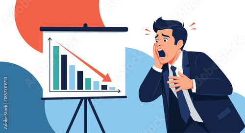 A shocked and panicked businessman reacting in horror to a presentation board showing a sharp decline in a financial bar graph chart.