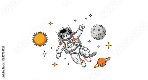 A cute cartoon cat astronaut floating happily in outer space, surrounded by the sun, a cratered moon, the planet Saturn, and stars.