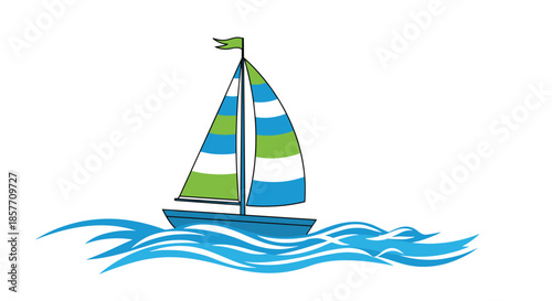 A simple and charming cartoon illustration of a sailboat with blue, green, and white sails gliding on stylized blue ocean waves.