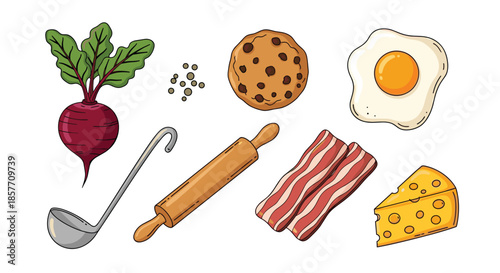 A colorful collection of various food ingredients and cooking utensils, including bacon, cheese, an egg, a beet, and a rolling pin.