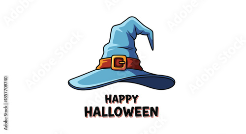 A blue cartoon witch hat with a brown belt and gold buckle, featured above a "Happy Halloween" message in a spooky decorative font.
