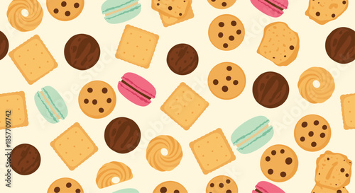 A sweet and colorful seamless pattern background with a variety of delicious cookies, crackers, and French macarons for a bakery theme.