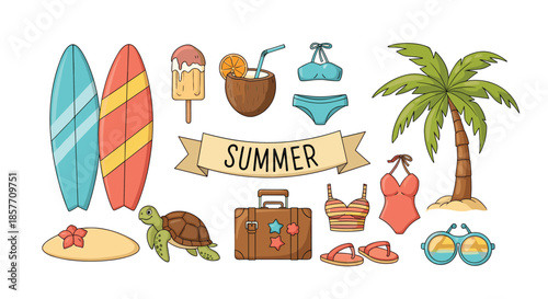 A vibrant collection of colorful cartoon icons for a summer beach vacation, including a surfboard, bikini, palm tree, and a suitcase.