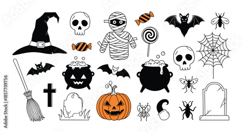 A spooky set of black and orange Halloween icons in a simple doodle style, featuring a mummy, skulls, bats, and a bubbling cauldron.