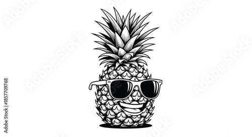A cool and happy pineapple character wearing sunglasses, illustrated in a detailed black and white vintage engraving or woodcut style.