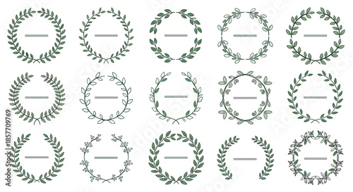 A large and versatile set of fifteen different green laurel wreaths in various hand-drawn and sketch styles for awards and logos.