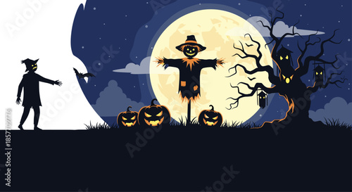 A spooky Halloween night scene with a full moon, a haunted tree, grinning pumpkins, and a creepy scarecrow in a dark, scary field.