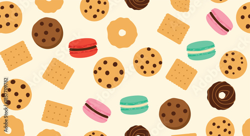 A sweet seamless pattern background filled with a delightful variety of cookies, biscuits, and colorful French macarons for a bakery.