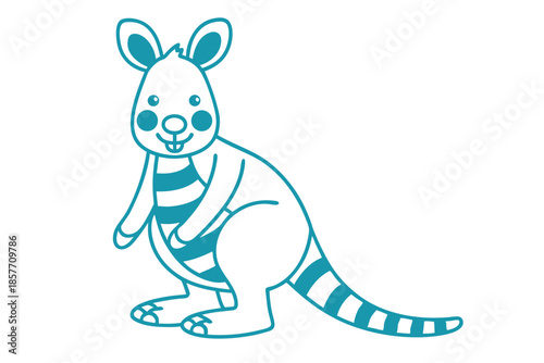 Smiling cartoon kangaroo standing with striped belly and tail is drawn in teal lines