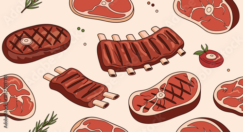 A meaty seamless pattern background featuring various cuts of raw and grilled meat, including T-bone steaks and barbecue pork ribs.