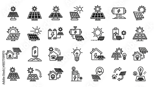 Solar energy panels and related icons representing sustainable power generation.