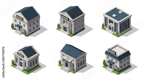 Isometric 3D vector illustration of bank buildings in various architectural styles, modern to classical, isolated on white, ideal for finance and city infographics