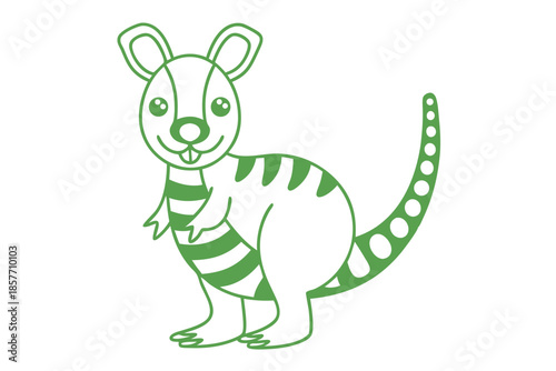 Isolated green striped animal with round ears and dotted tail faces the viewer