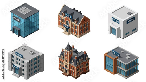 Isometric 3D vector illustration of police station buildings in different architectural styles, isolated on white, ideal for safety and civic graphics