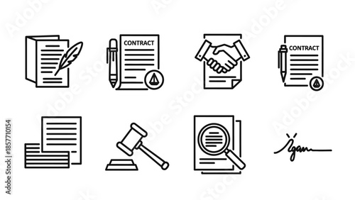 Legal document icons representing various aspects of law and agreement.