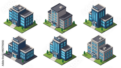 Isometric 3D vector illustration of police station buildings in different architectural styles, isolated on white, ideal for safety and civic graphics
