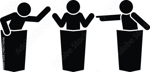 Three people standing at podium and arguing with each other