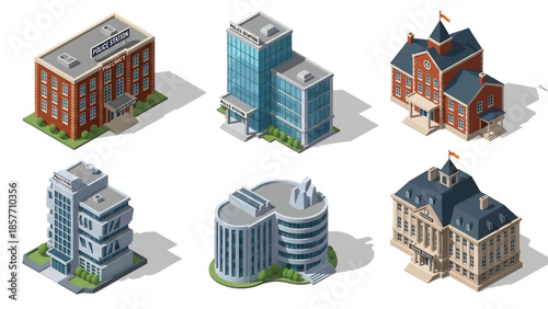 Isometric 3D vector illustration of police station buildings in different architectural styles, isolated on white, ideal for safety and civic graphics