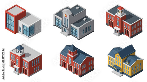 Isometric 3D vector illustration of fire station buildings in various architectural styles, isolated on white, ideal for emergency service infographics