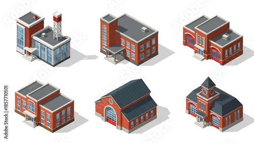 Isometric 3D vector illustration of fire station buildings in various architectural styles, isolated on white, ideal for emergency service infographics