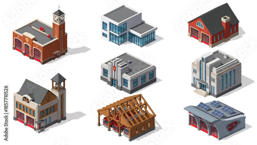 Isometric 3D vector illustration of fire station buildings in various architectural styles, isolated on white, ideal for emergency service infographics