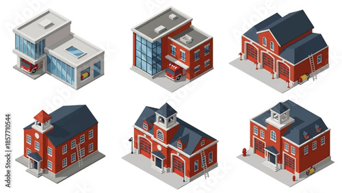 Isometric 3D vector illustration of fire station buildings in various architectural styles, isolated on white, ideal for emergency service infographics