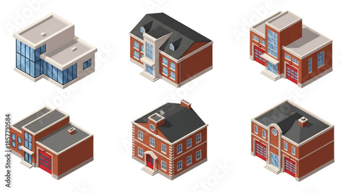 Isometric 3D vector illustration of fire station buildings in various architectural styles, isolated on white, ideal for emergency service infographics