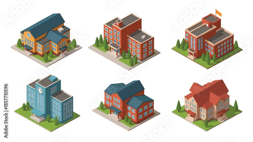 Isometric 3D vector illustration of school buildings in various architectural styles, educational facilities isolated on white, ideal for education graphics