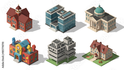 Isometric 3D vector illustration of school buildings in various architectural styles, educational facilities isolated on white, ideal for education graphics