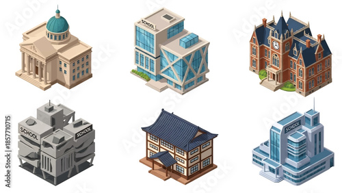 Isometric 3D vector illustration of school buildings in various architectural styles, educational facilities isolated on white, ideal for education graphics