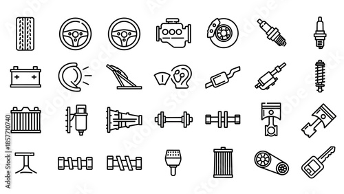 Automobile Parts and Car Components Line Art Icons Set.