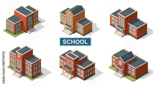 Isometric 3D vector illustration of school buildings in various architectural styles, educational facilities isolated on white, ideal for education graphics