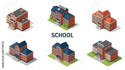 Isometric 3D vector illustration of school buildings in various architectural styles, educational facilities isolated on white, ideal for education graphics