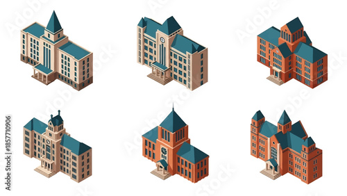 Isometric 3D vector illustration of university buildings in various architectural styles, isolated on white, ideal for higher education and campus visuals