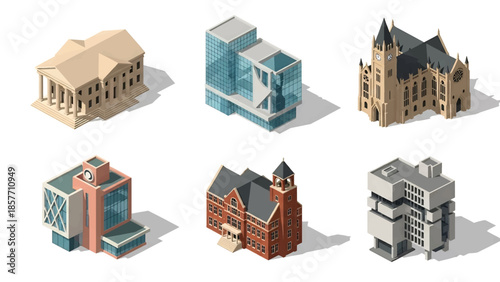 Isometric 3D vector illustration of university buildings in various architectural styles, isolated on white, ideal for higher education and campus visuals