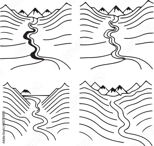 Mountain River Valley and Topographic Elevation Icons