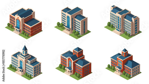 Isometric 3D vector illustration of university buildings in various architectural styles, isolated on white, ideal for higher education and campus visuals