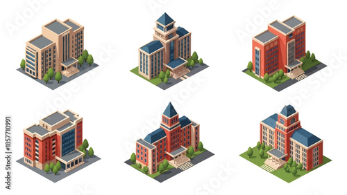 Isometric 3D vector illustration of university buildings in various architectural styles, isolated on white, ideal for higher education and campus visuals