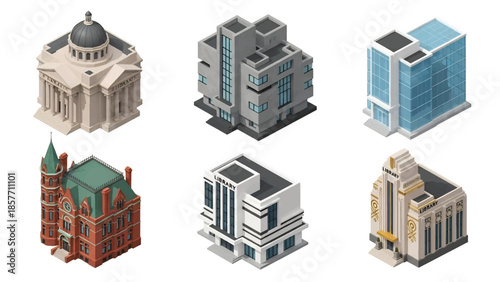 Isometric 3D vector illustration of public library buildings in different architectural styles, isolated on white, ideal for education and knowledge themes