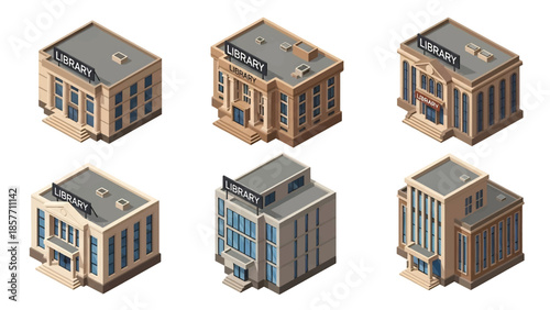 Isometric 3D vector illustration of public library buildings in different architectural styles, isolated on white, ideal for education and knowledge themes