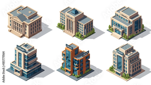 Isometric 3D vector illustration of public library buildings in different architectural styles, isolated on white, ideal for education and knowledge themes