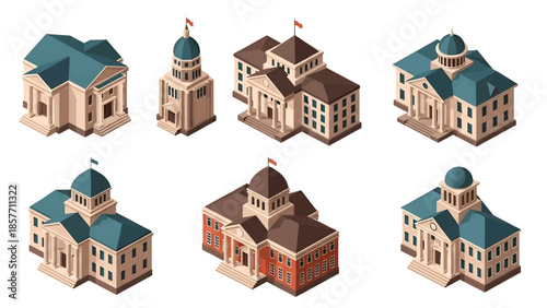 Isometric 3D vector illustration of courthouse buildings in various architectural styles, legal institutions isolated on white, ideal for justice infographics